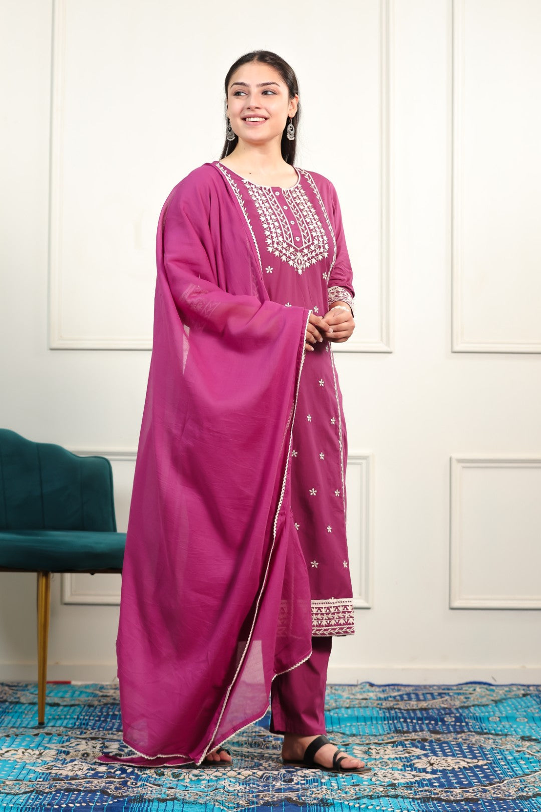 Purple Pink Cotton Suit with Fine Thread Work, Bottom & Dupatta
