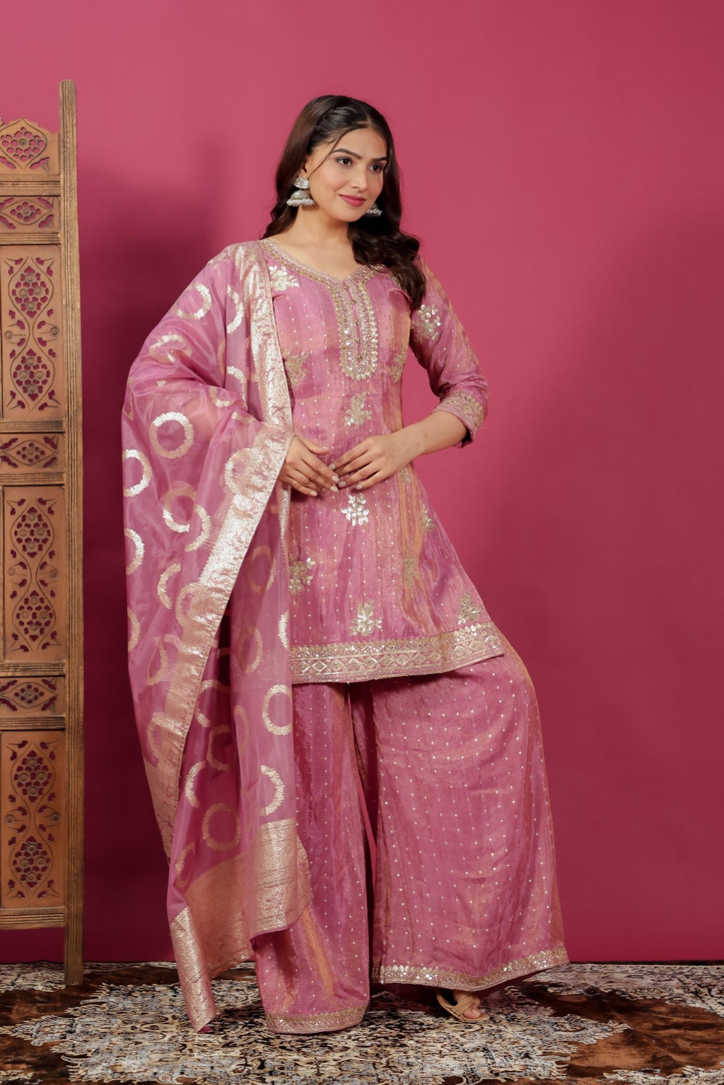 Pink Mosh Silk Suit with Banarsi Work, Palazzo & Dupatta