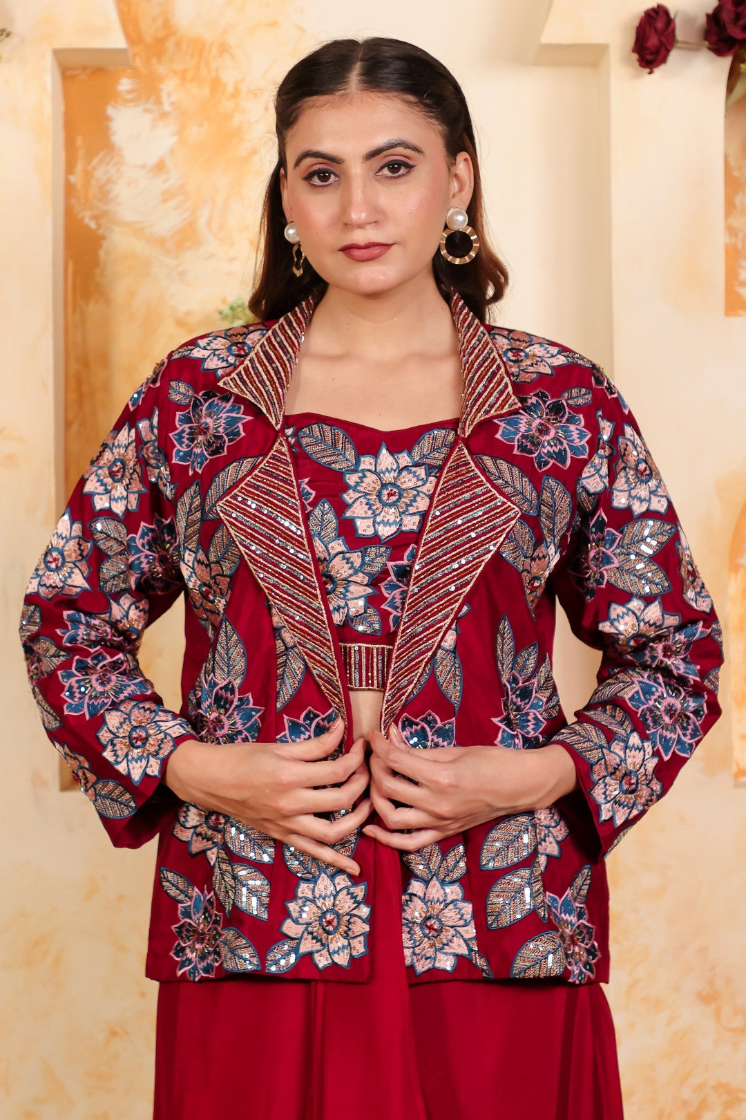 Maroon Chinon Silk Blouse with Thread & Sequence Work, Jacket & Dhoti