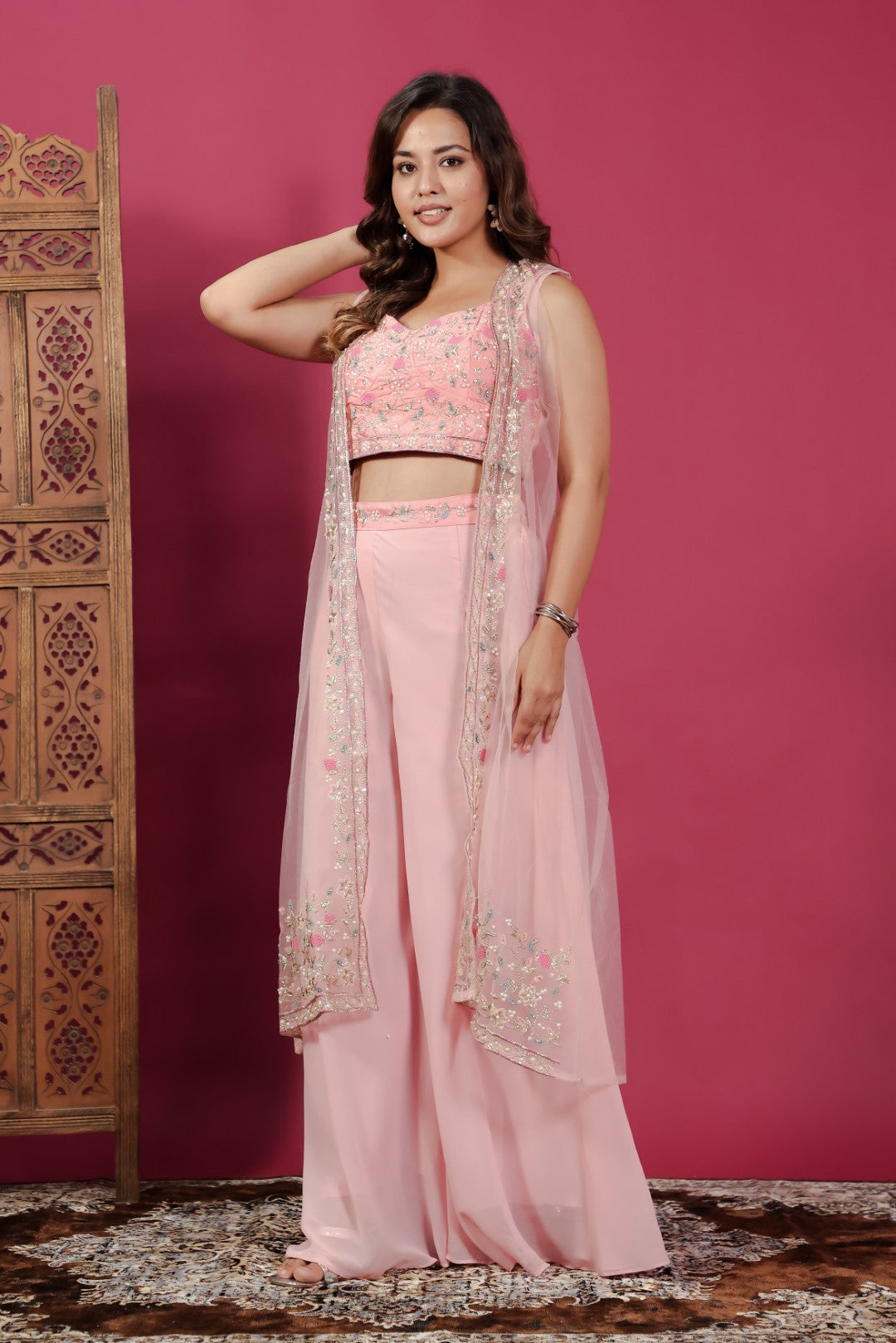 Peach Silk & Georgette Blouse with Zari Stone Work, Sharara & Shrug