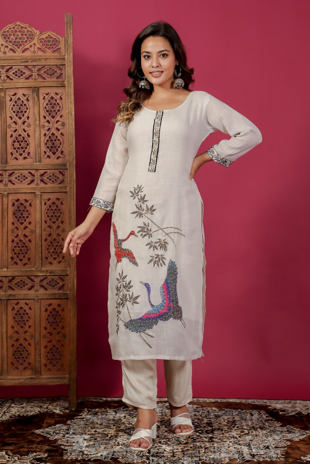 Off White Jute Linen Suit with Duck Print & Lucknavi Work, Bottom & Dupatta