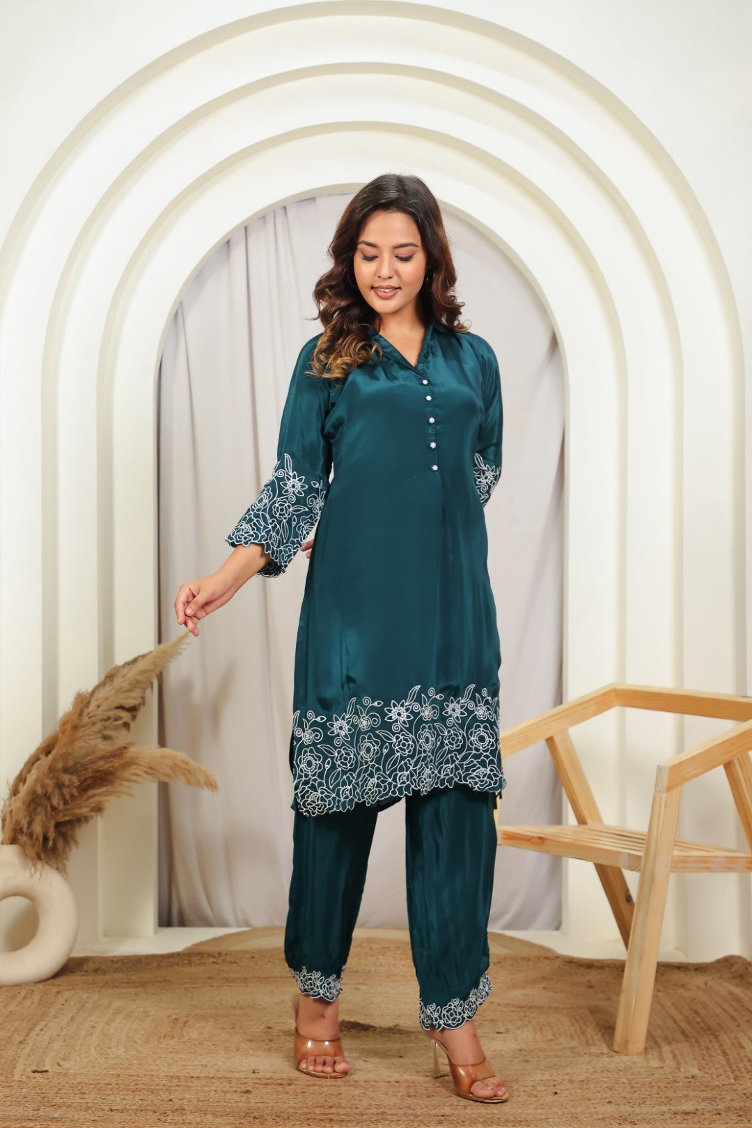 Bottle Green Crepe Silk with White Thread Work Co-ord Set