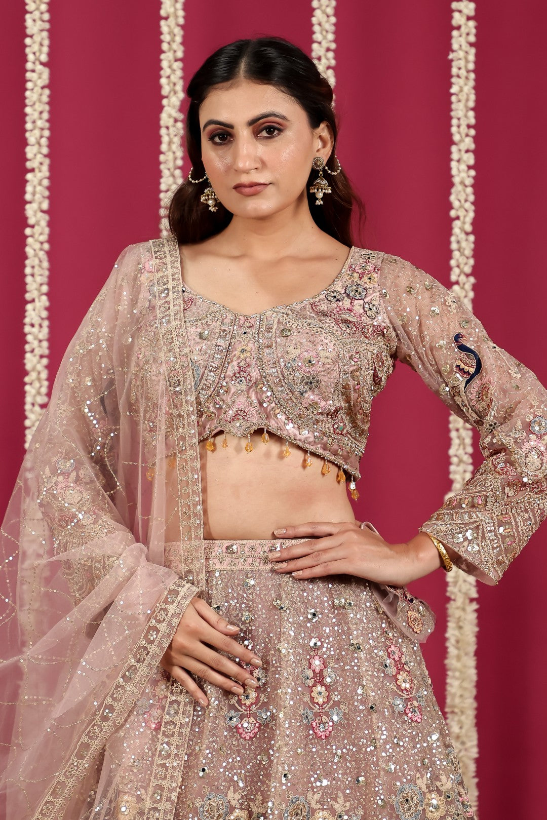 Pink Net Lehenga with Heavy Embroidery and Matching Blouse & Dupatta