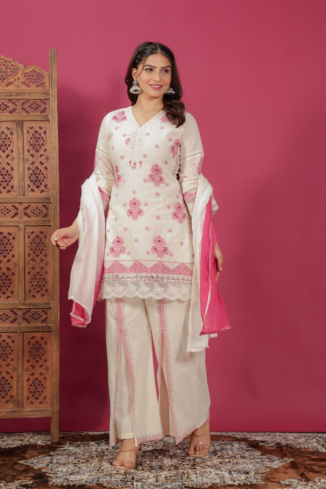Off White Cotton Jacquard Work Co-ord Set with Dupatta
