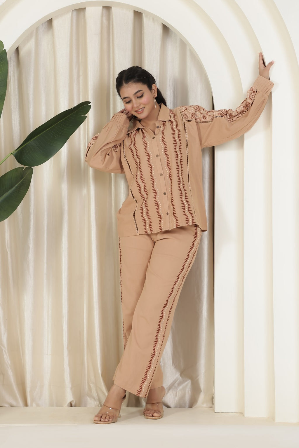 Light Brown Jute Cotton Top with Thread Embroidery & Pant