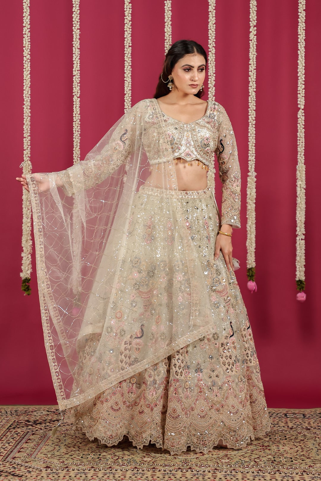 Off White Net Lehenga with Heavy Embroidery and Matching Blouse & Dupatta
