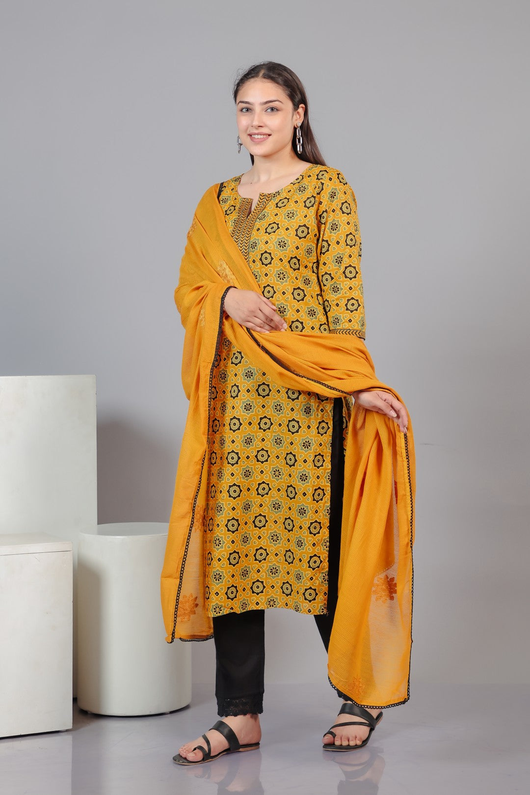Yellow Cotton Printed Suit with Bottom & Dupatta