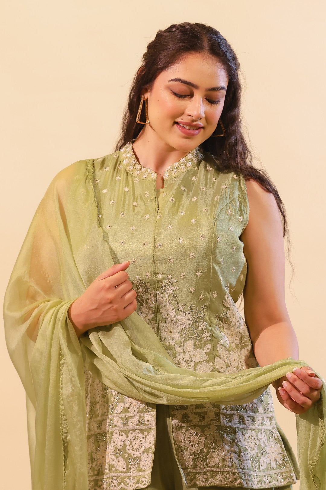 Pista Green Mosh Silk Jacket with Thread & Stone Work, Palazzo & Dupatta