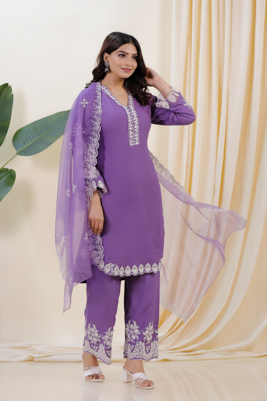 Lavender Rayon Cotton Suit with Thread Work, Palazzo Dupatta