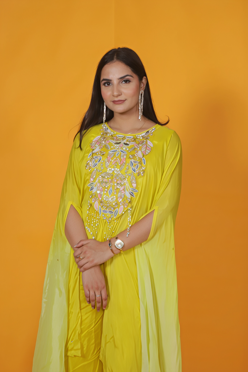 Yellow Crepe Silk Kaftan with Handwork and Sharara