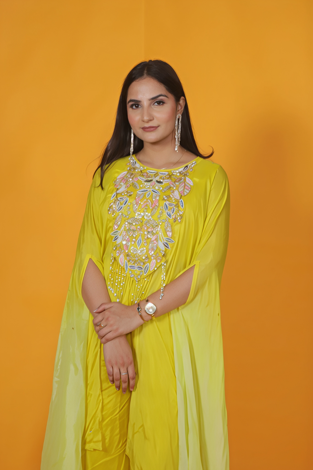 Yellow Crepe Silk Kaftan with Handwork and Sharara
