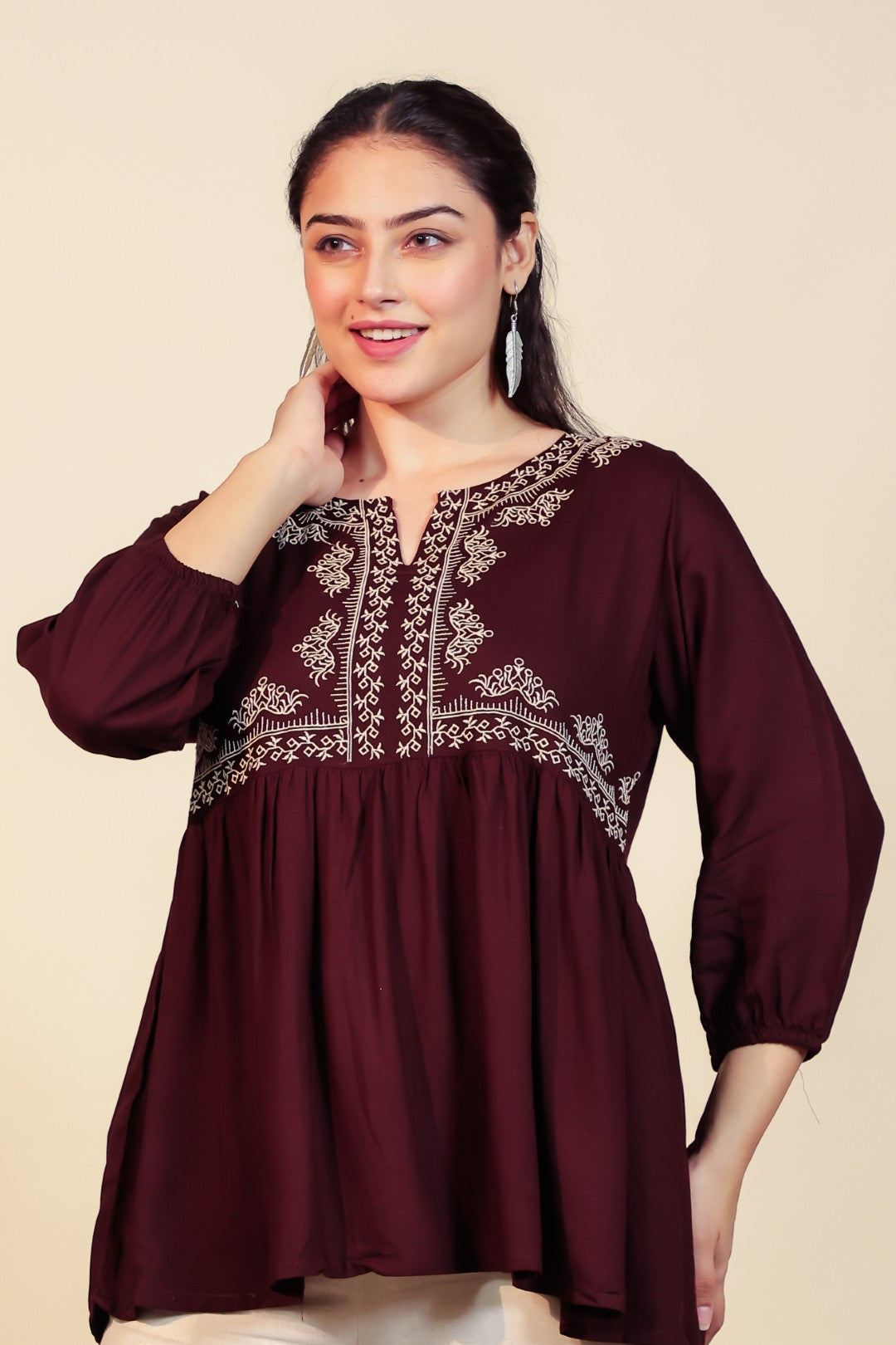 Dark Brown Rayon Thread Work Top