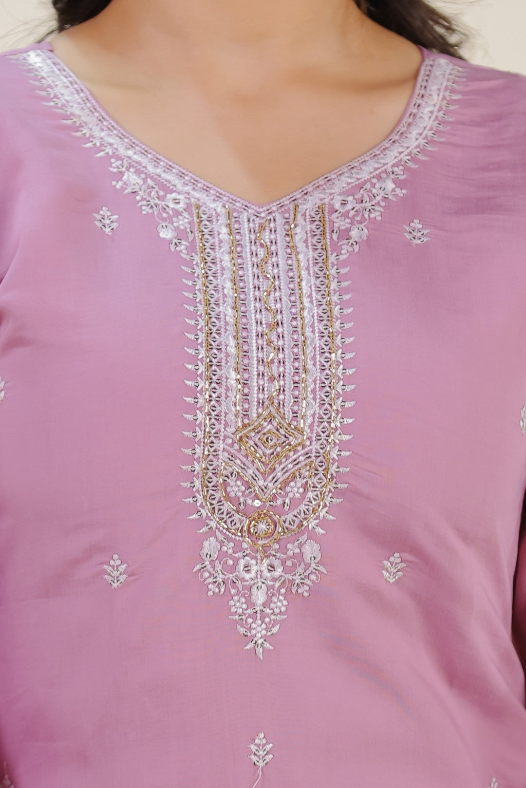 Pink Muslin Suit with Thread Work, Straight Pant & Dupatta