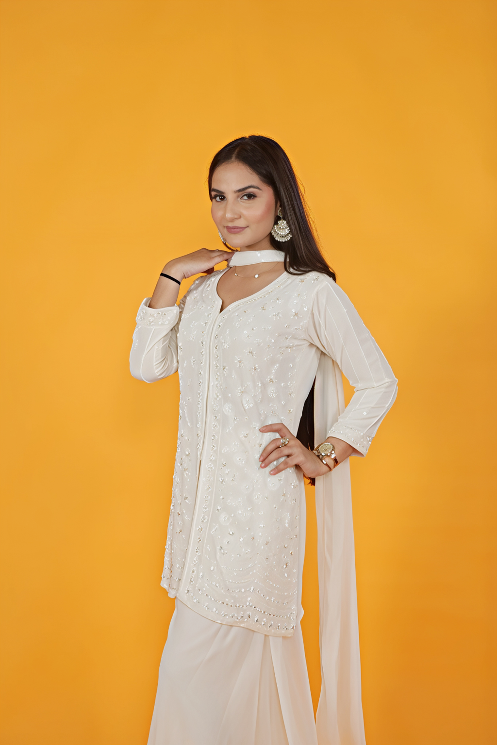 Off White Georgette Top with Pearl & Sequins Work, Sharara & Dupatta