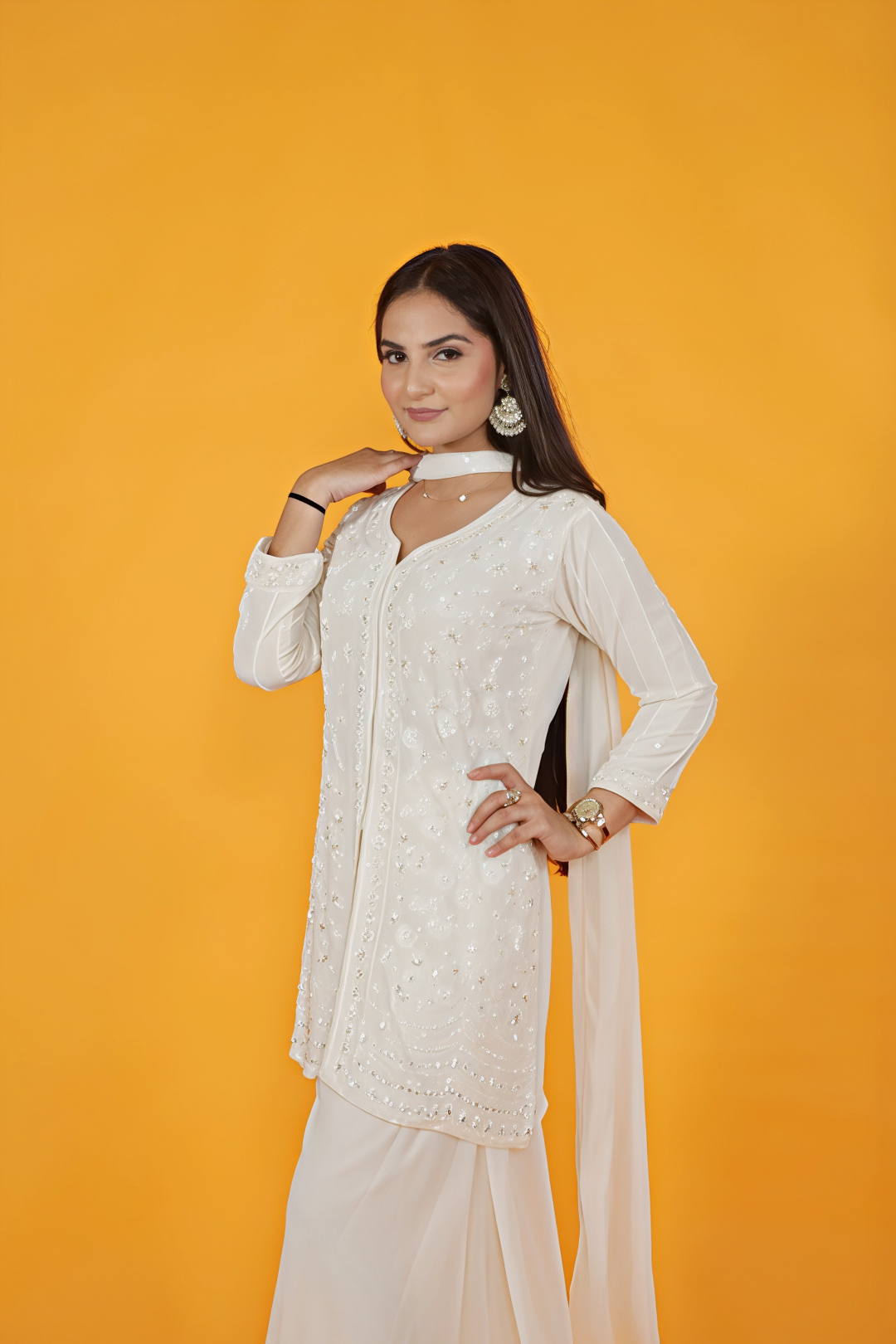 Off White Georgette Top with Pearl & Sequins Work, Sharara & Dupatta