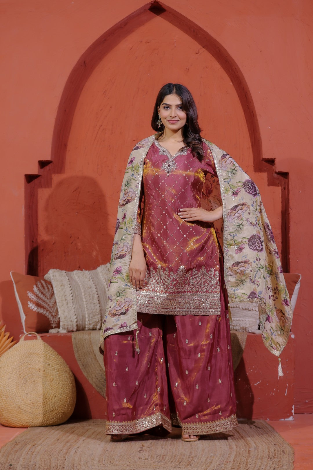 Reddish Brown Mosh Silk Suit with Banarasi Work,Sharara & Dupatta