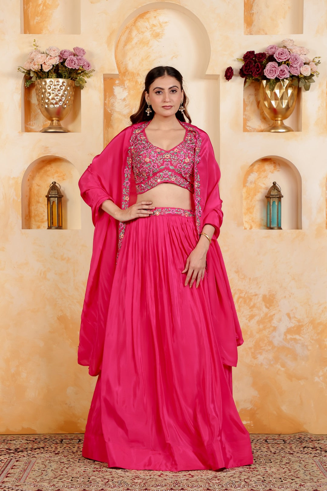 Rani Pink Crepe Silk Blouse with Thread & Stone Work, Lehenga & Dupatta