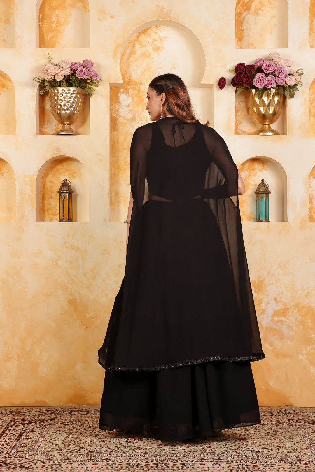 Black Georgette Handwork Blouse with Lehenga & Shrug