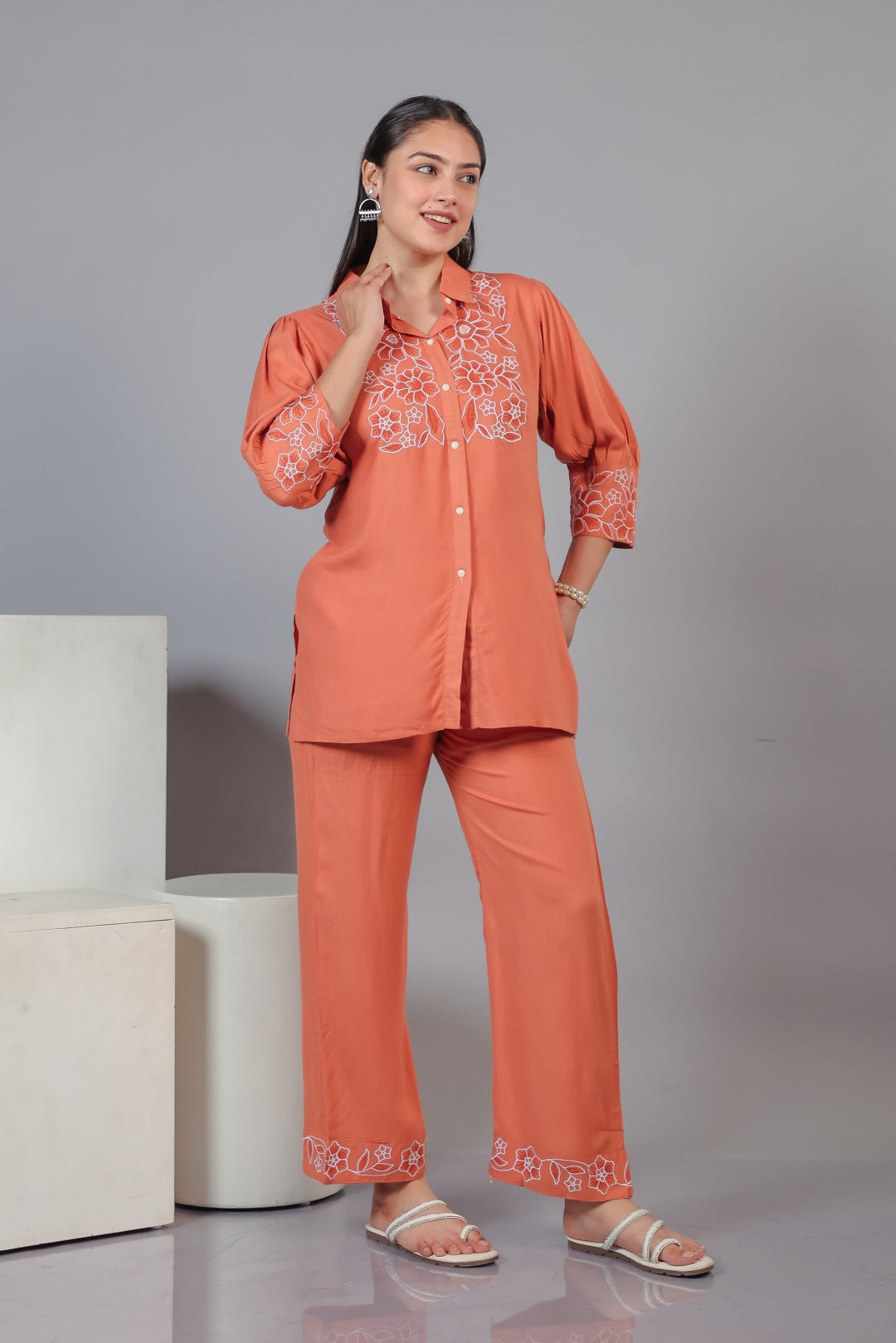 Peach Rayon with Thread Work Co-ord Set