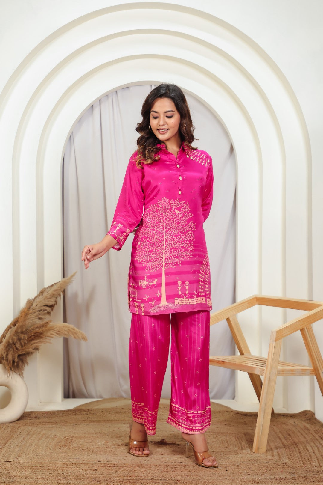 Rani Pink Silk with Tree Printed Co-ord Set