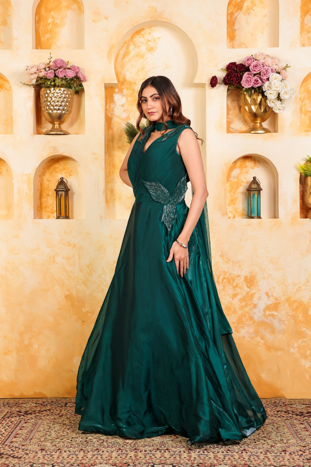 Bottle Green Jimmy Choo Fancy Stylish Gown & Dupatta