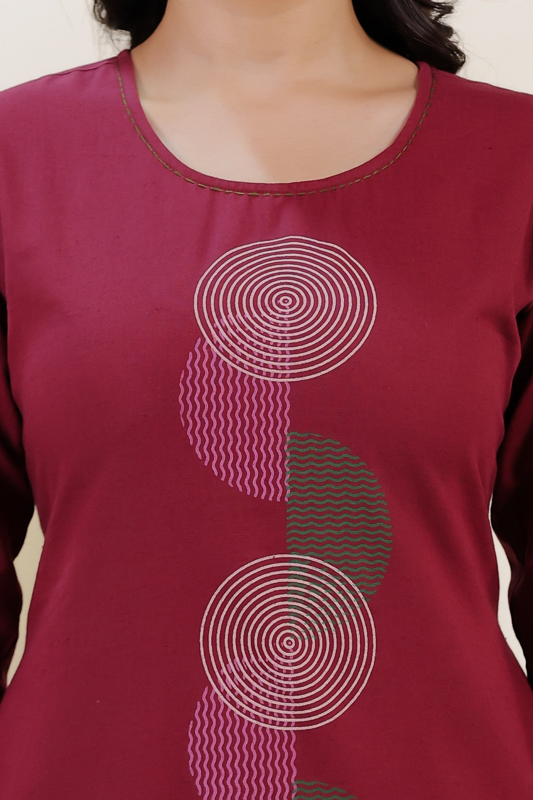 Maroon Linen Cotton Printed Suit with Straight Pant