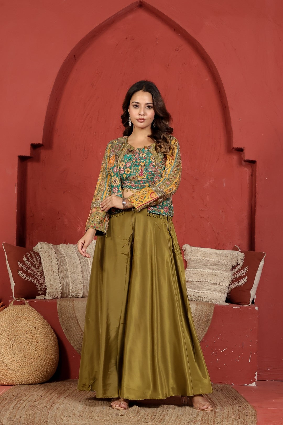 Mehendi Green Crepe Silk with Rajwadi Print & Zari Work Blouse and Jacket