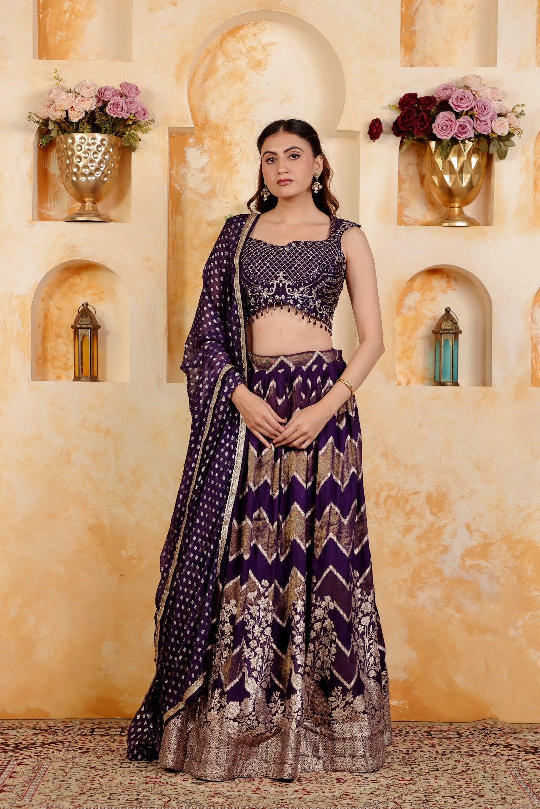 Purple Dola Silk Blouse with Zari Work, Lehenga & Dupatta