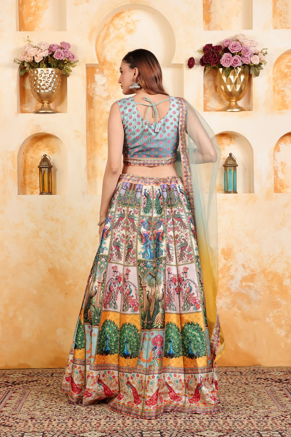 Sky Blue Taffeta Silk Printed Blouse and Multi Color Position Print Lehenga & Net Dupatta