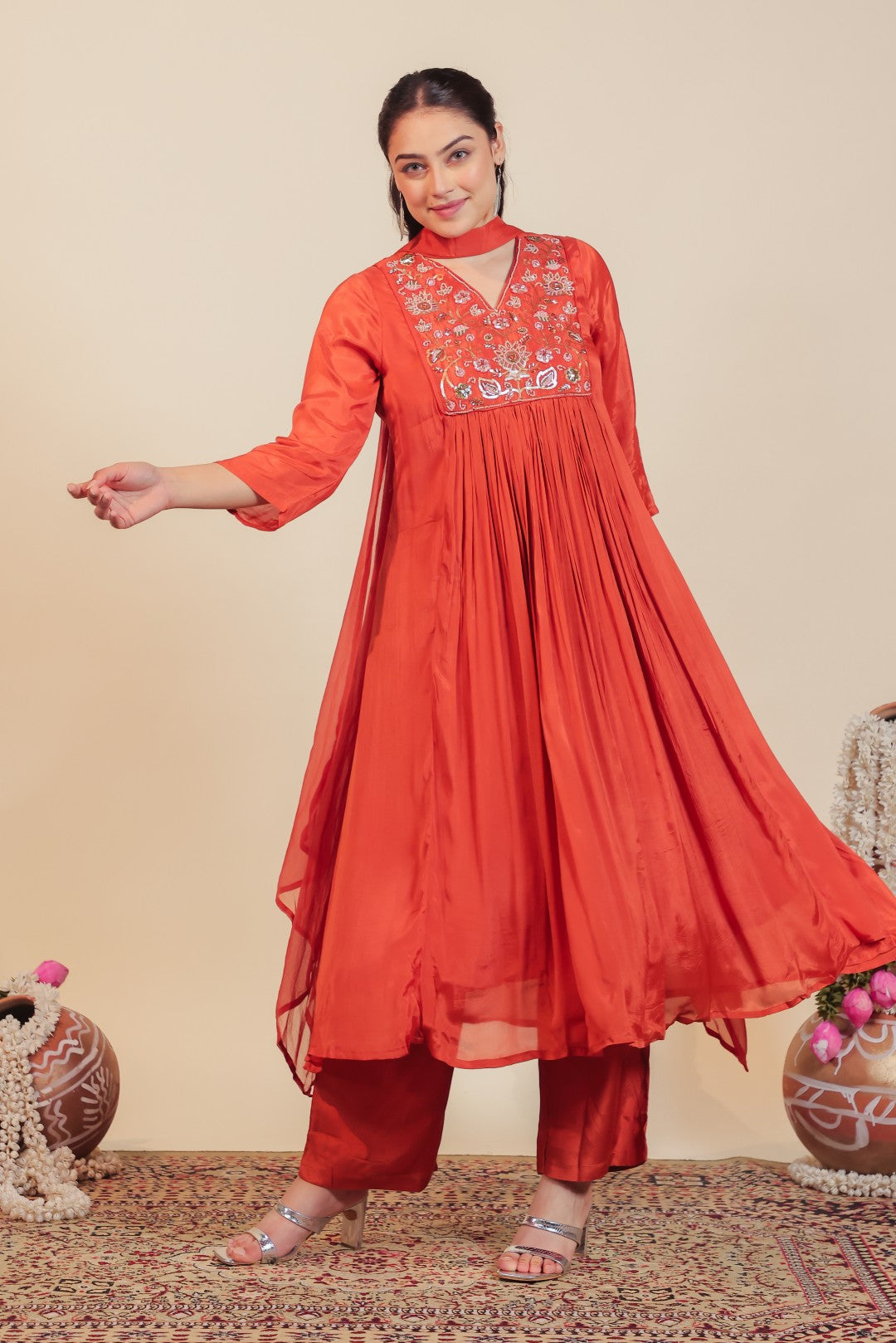 Rust Chinon Suit with Handwork, Bottom & Dupatta