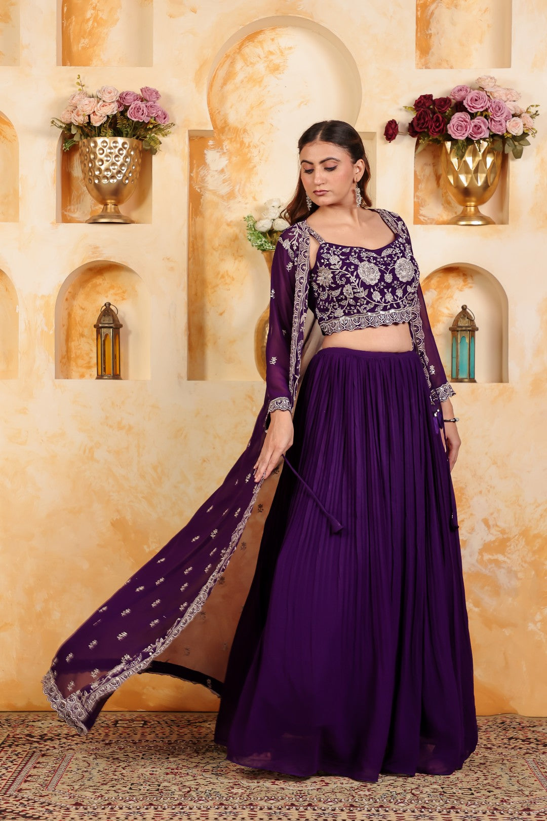 Purple Georgette Blouse with Thread & Stone Work, Lehenga & Long Jacket Shrug