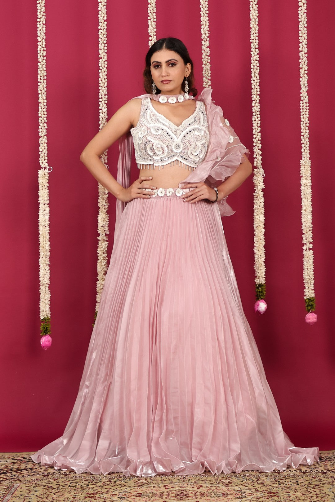 Baby Pink Burberry Net Lehenga with Pearl & CP Handwork Blouse & Attached Dupatta