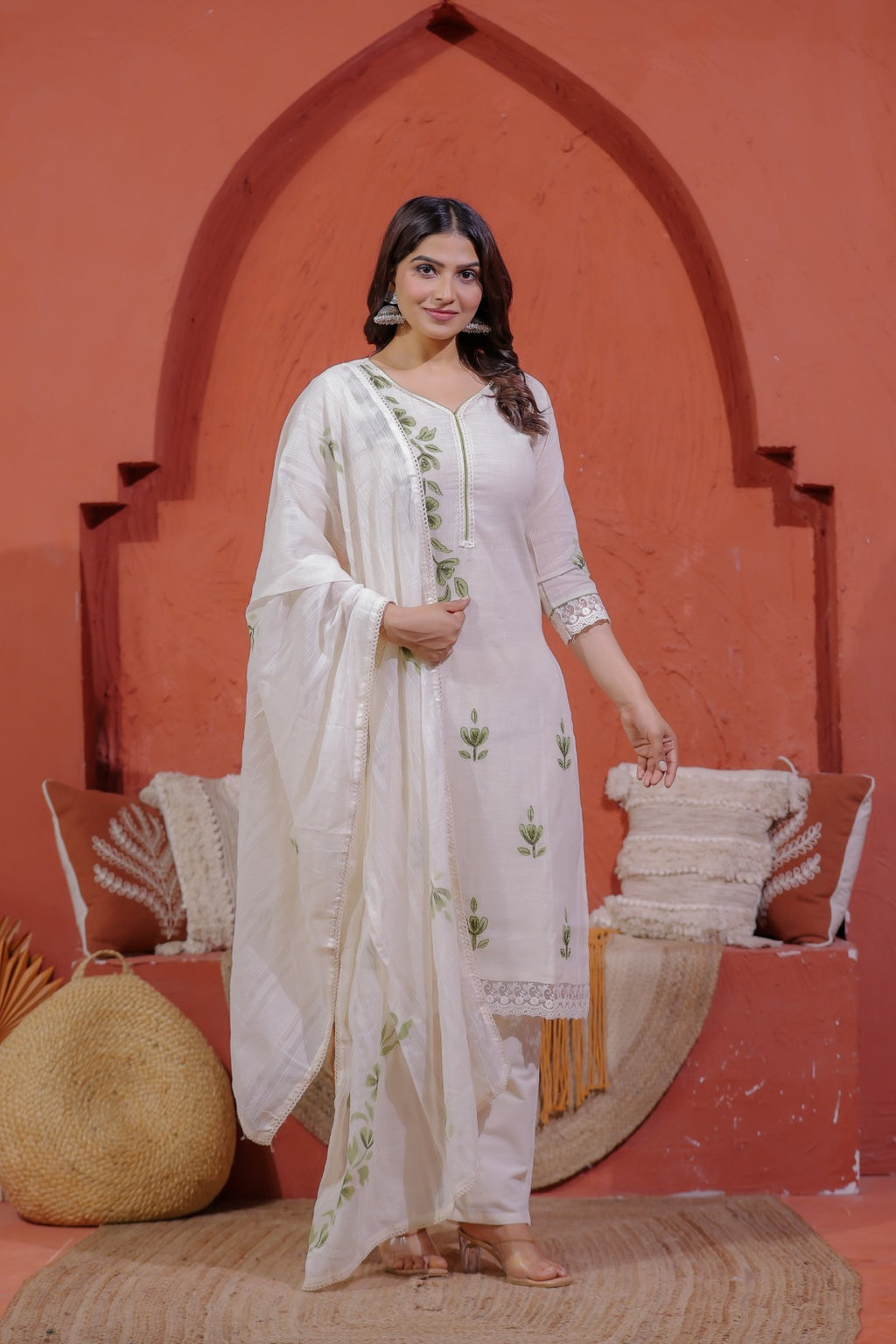 Off White Super Net Cotton Suit with Foil Floral Print, Bottom & Dupatta