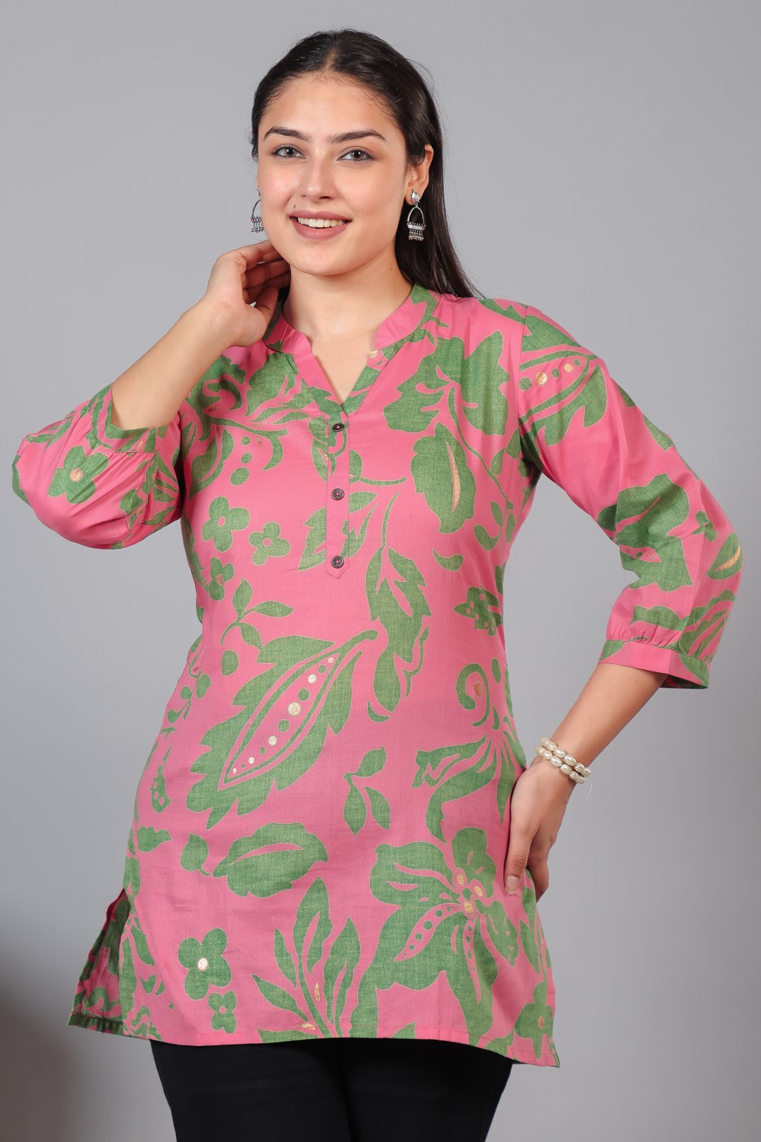 Pink Cambric Cotton Floral Printed Short Kurti