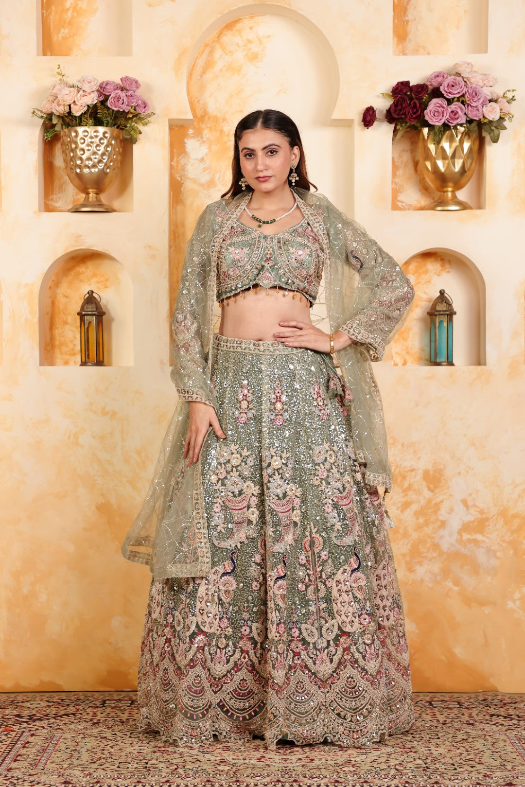 Pista Green Net Lehenga with Heavy Embroidery and Matching Blouse & Dupatta