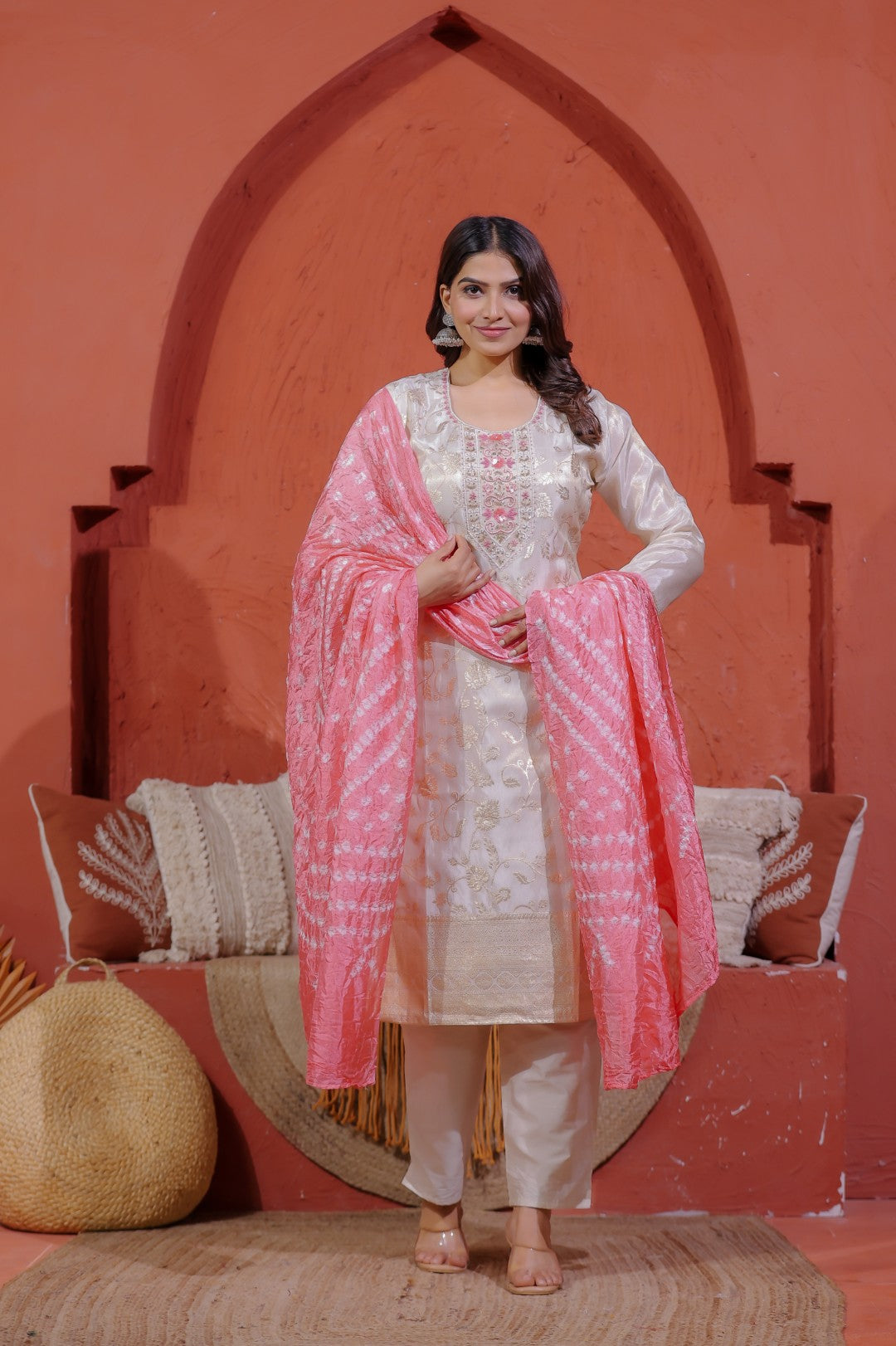 Off White Mosh Silk Suit with Full Banarasi Work, Pant & Dupatta