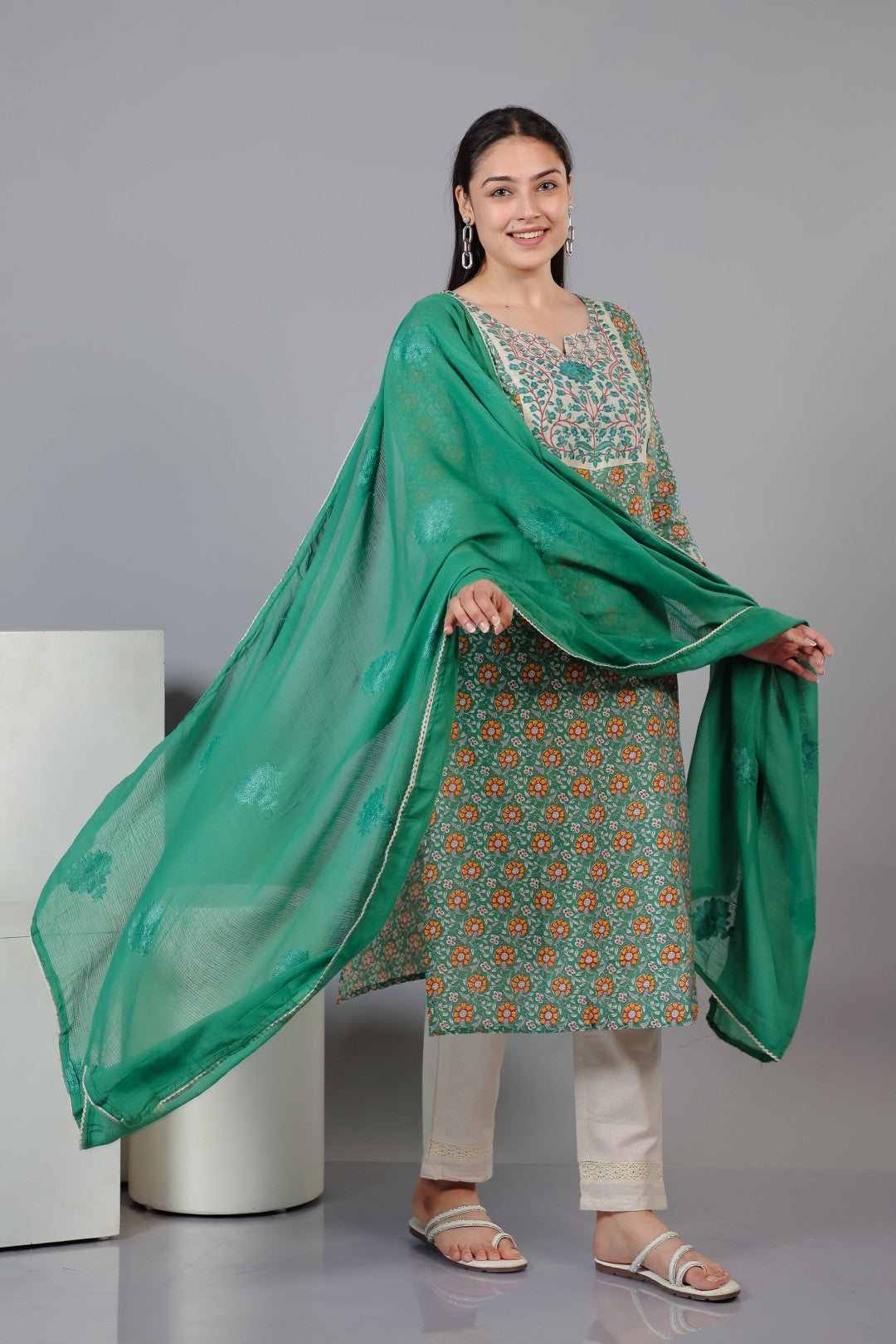 Green Cotton Printed Suit with Thread, Bottom & Dupatta