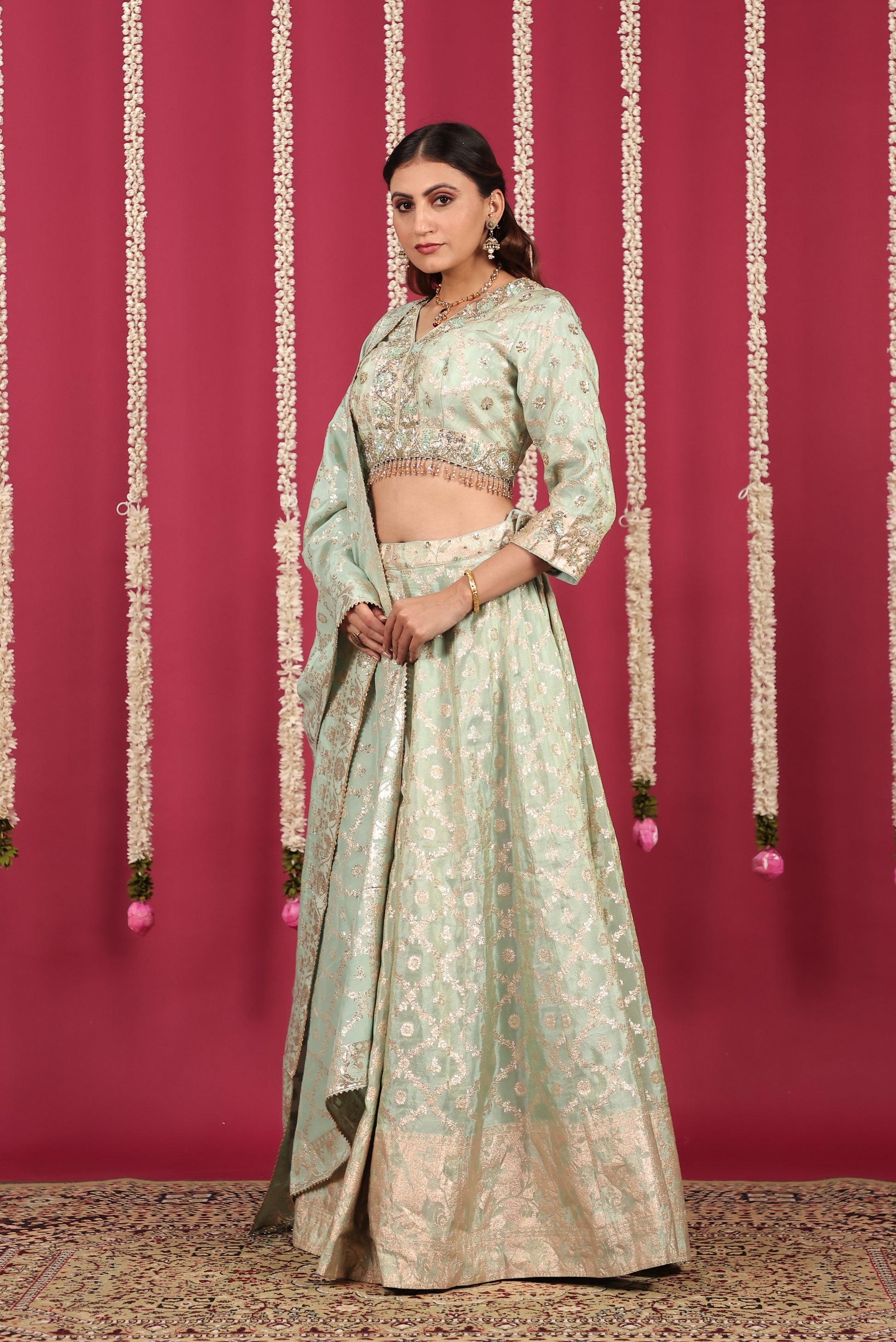 Pista Green Mosh Silk Banarsi Handwork Lehenga with Blouse & Dupatta
