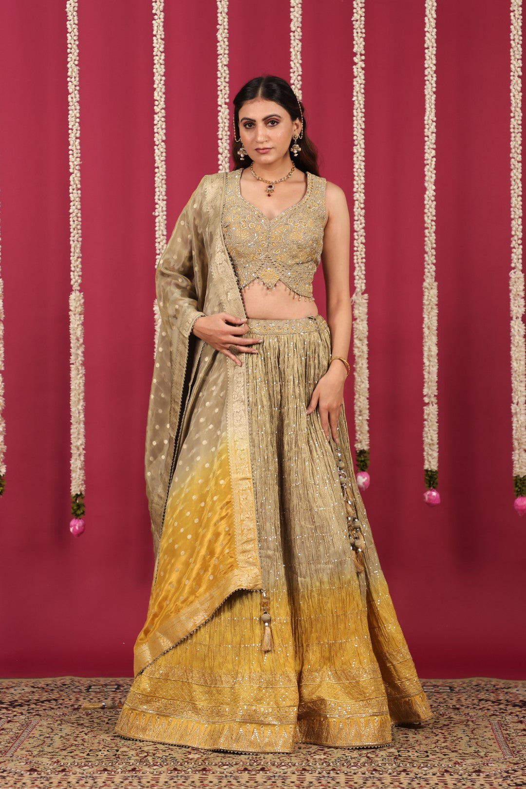 Golden Brown & Yellow Mosh Silk Lehenga with Zari Work with Blouse & Dupatta