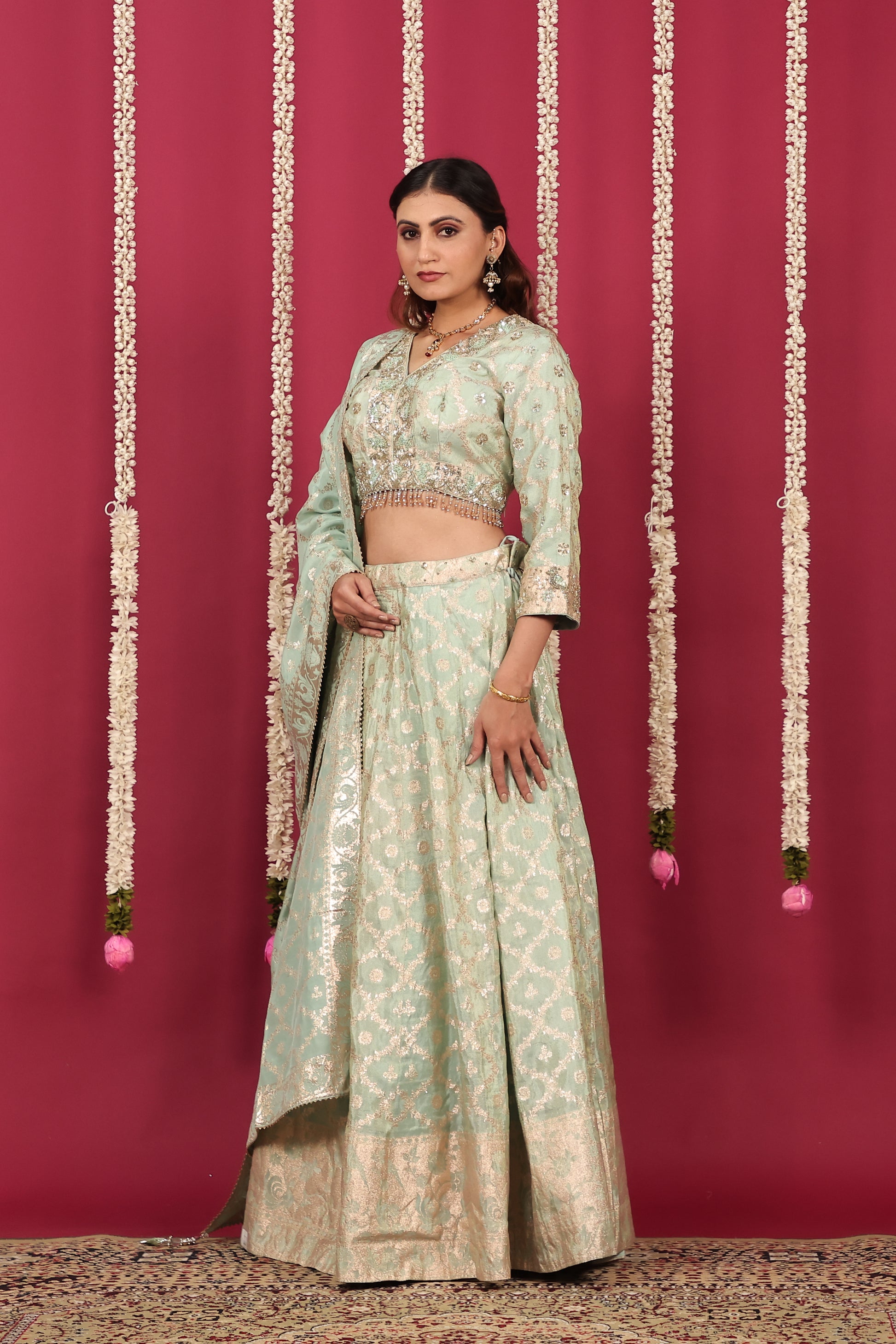 Pista Green Mosh Silk Banarsi Handwork Lehenga with Blouse & Dupatta