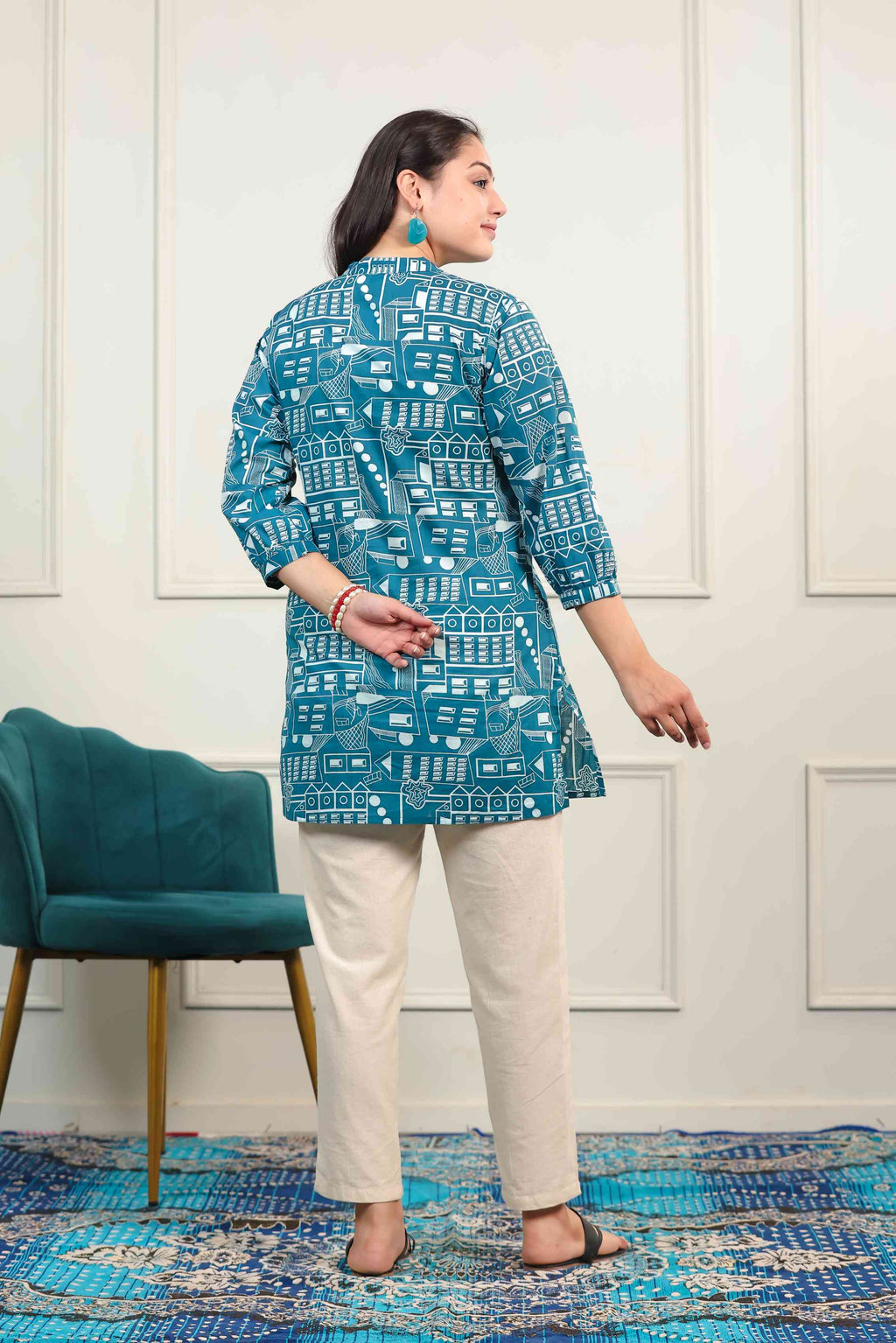 Teal Blue Cambric Cotton Printed Short Kurti