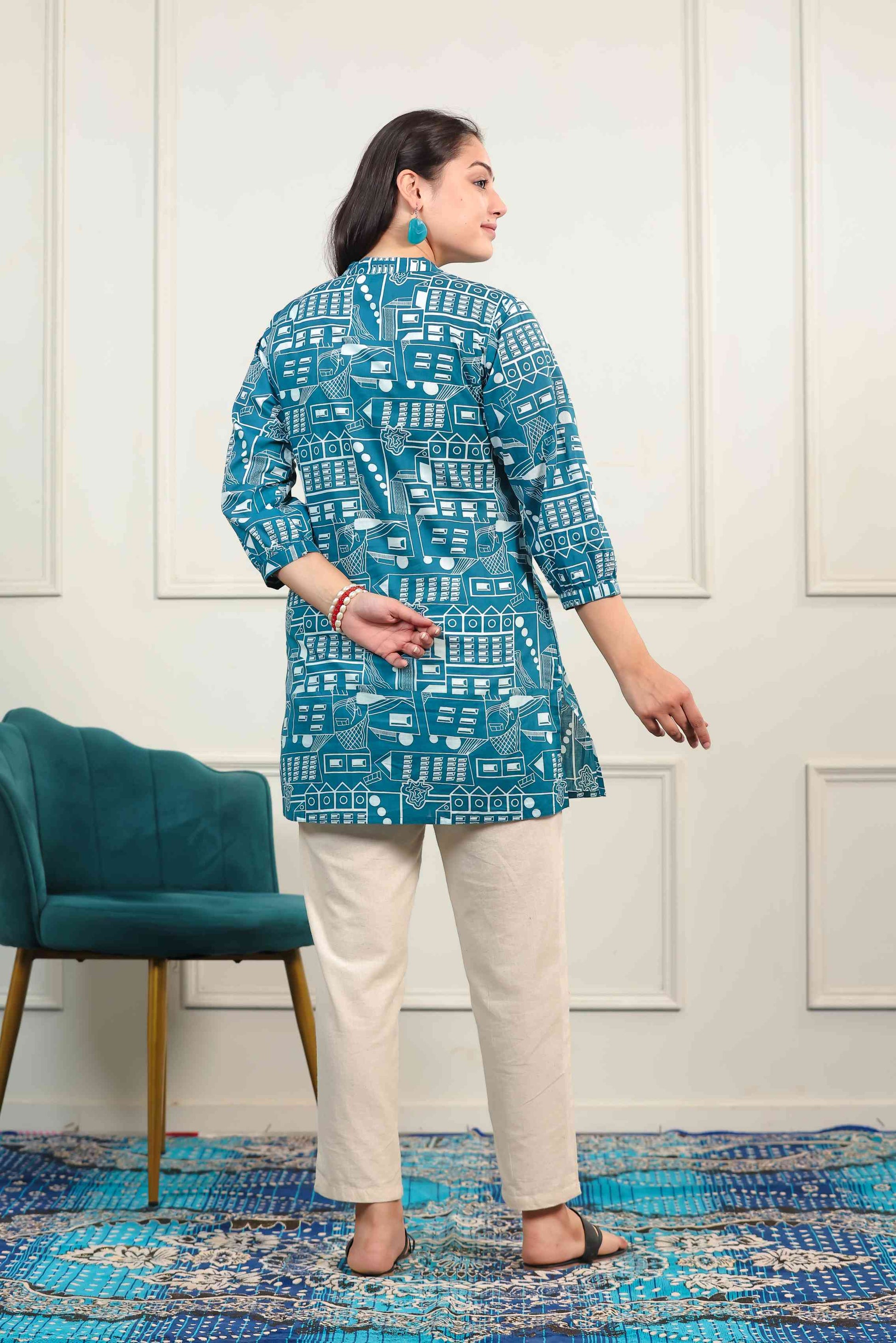 Teal Blue Cambric Cotton Printed Short Kurti