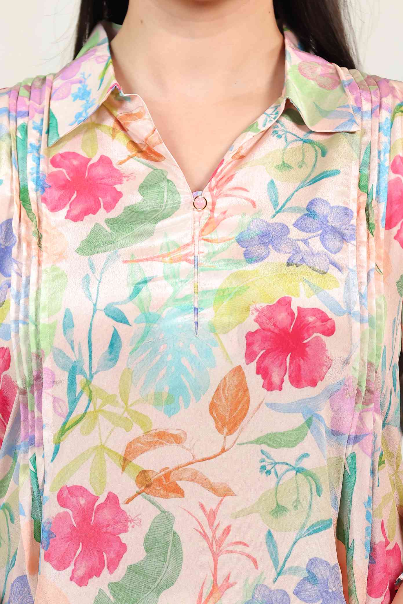 Peach Crepe Multicolor Floral Printed Short Kurti