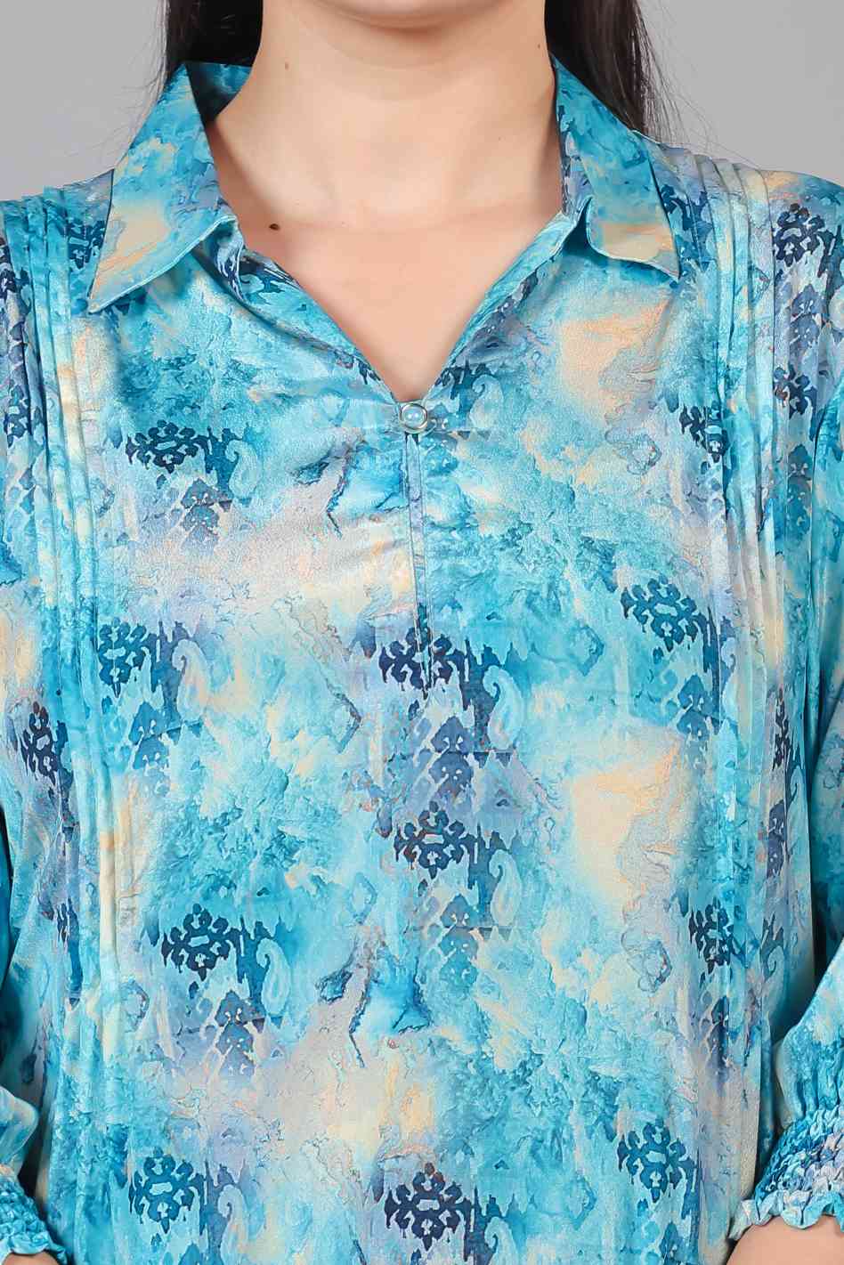Rama Blue Crepe Printed Short Kurti