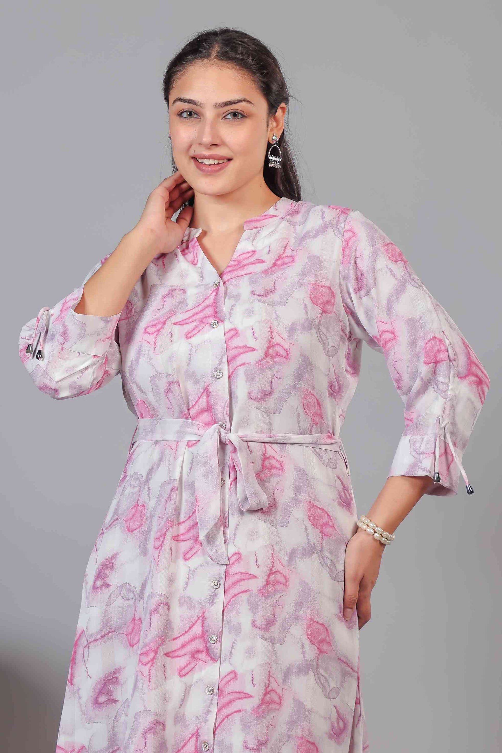 White Lycra with Baby Pink Printed Maxi Dress