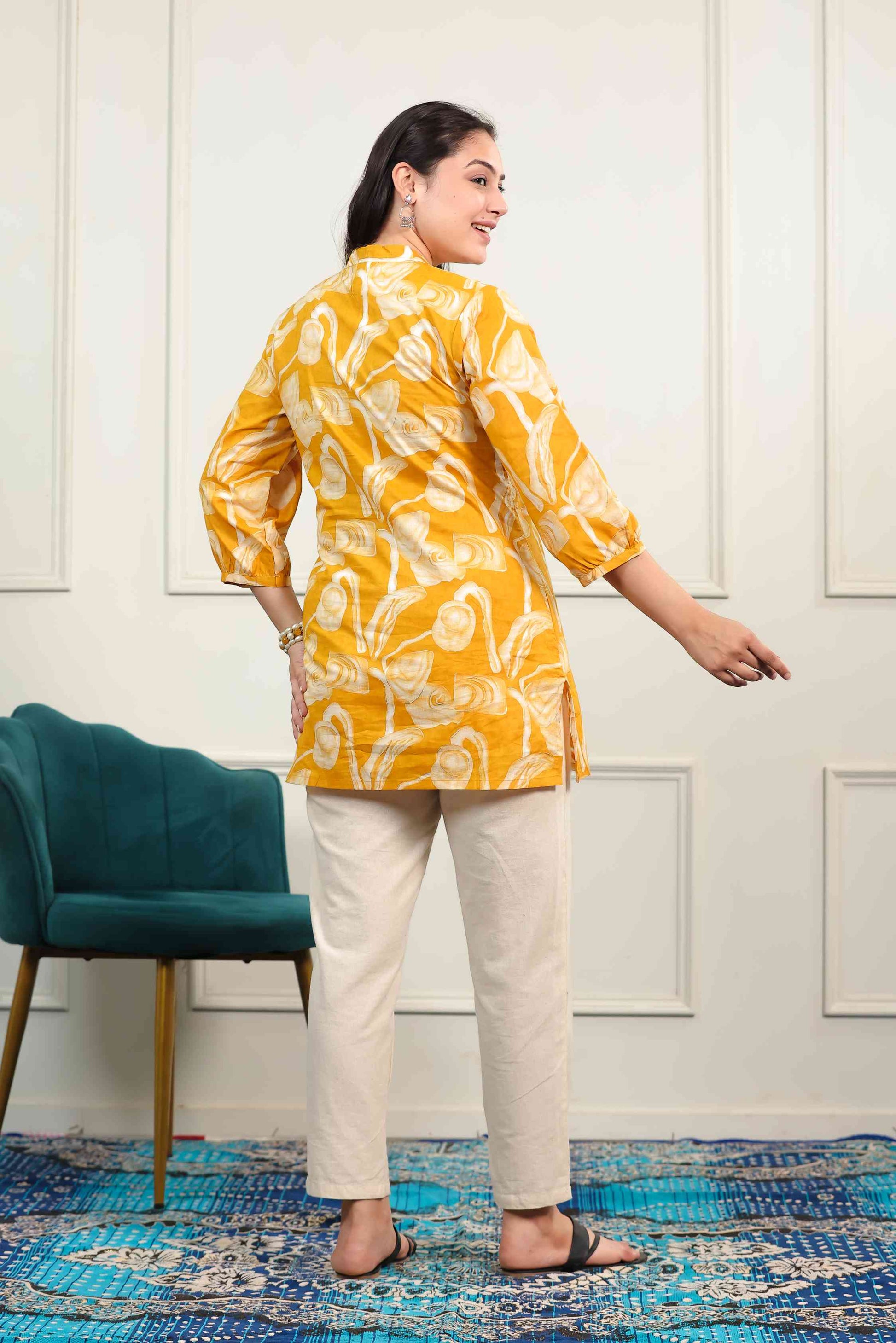 Mustard Yellow Cambric Cotton Printed Top