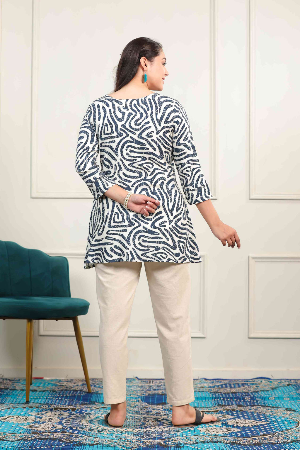 Blue & Off-White Rayon Printed Top