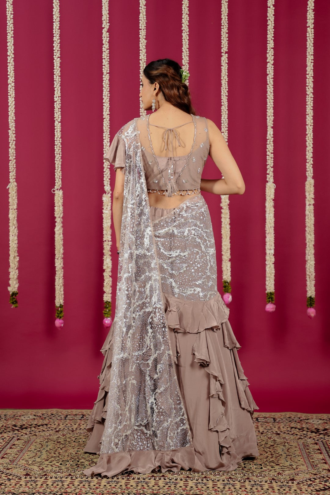 Dark Greyish Brown Crepe Handwork Lehenga with Blouse & Dupatta