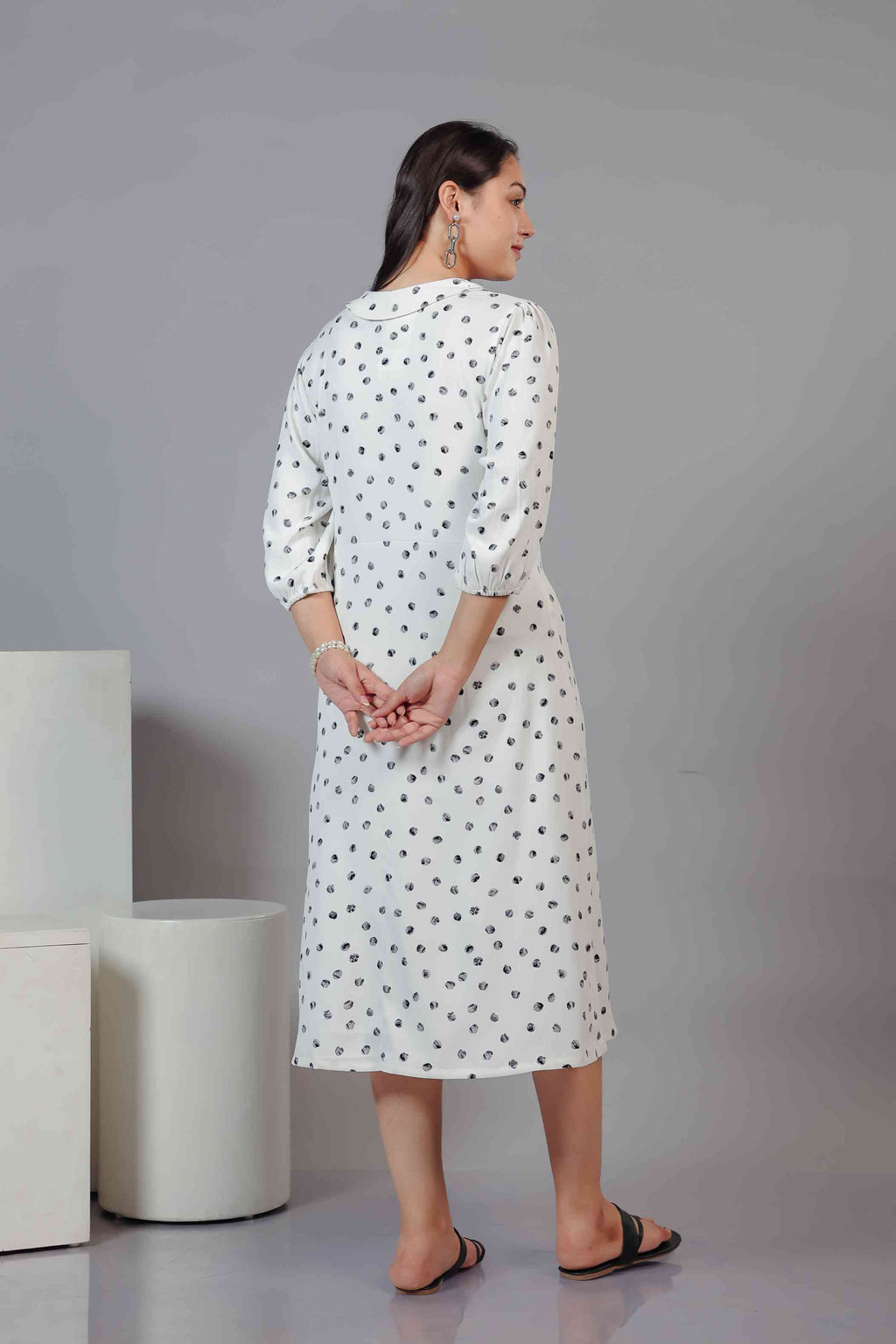 White Lycra with Pearl Handwork & Black Dots Printed Maxi Dress
