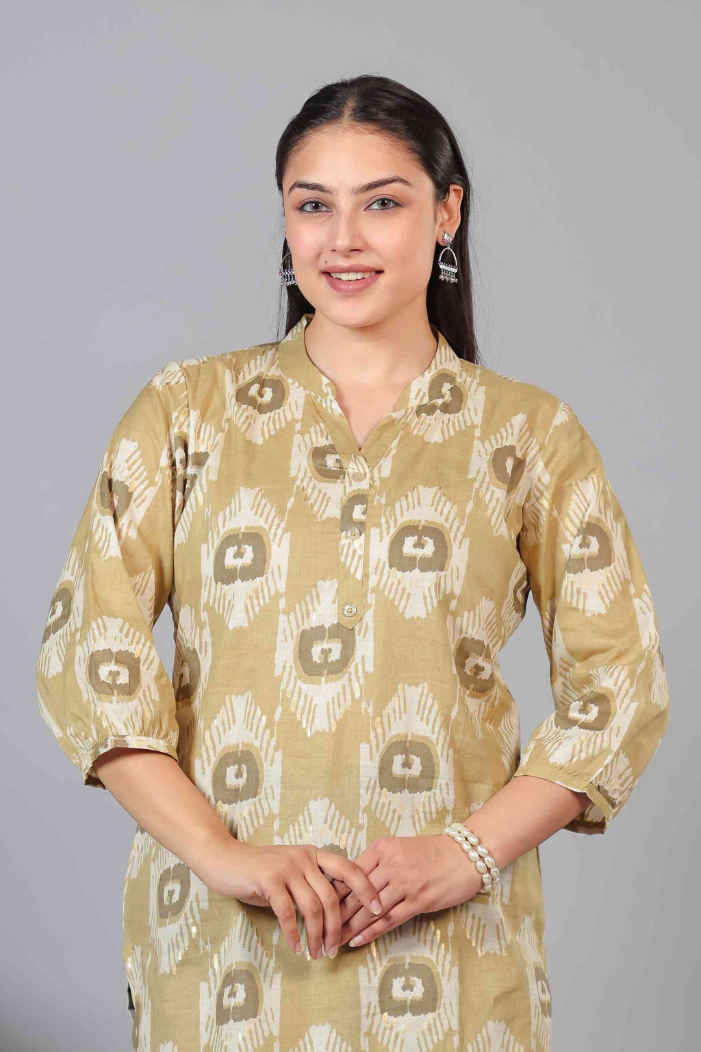 Metallic Gold Brown Cambric Cotton Printed Top